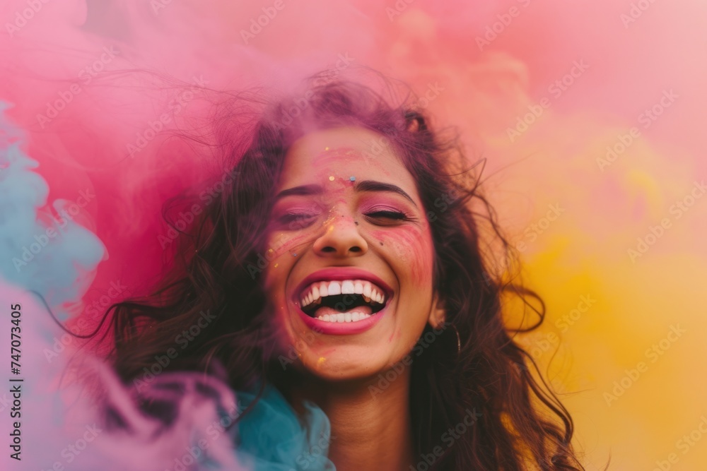 Colorful and Joyful Portrait of a Woman Laughing. Fictional Character Created By Generated By Generated AI.