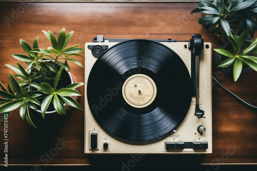A retro record player and a lush potted plant sit side by side in a harmonious arrangement on a creative and colorful flat lay top view