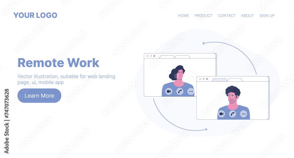 Remote Work. Web Landing Page Design. Flat Cartoon Vector Illustration. Vector illustration, suitable for web landing page, ui, mobile app. Remote Work. Web Landing Page Design. Flat Cartoon Vector Illustration. Vector illustration, suitable for web landing page, ui, mobile app.