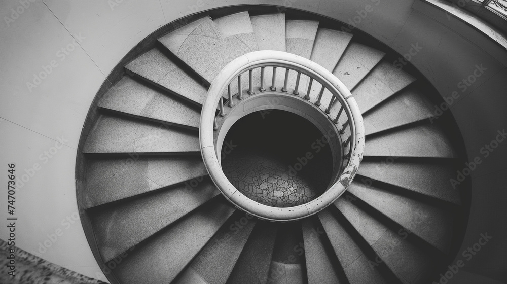 A grayscale high angle shot of a curving spiral staircase in a building