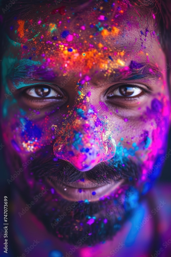 Colorful festival fun - Indian man with vibrant colors on his face and arms. Fictional Character Created By Generated By Generated AI.