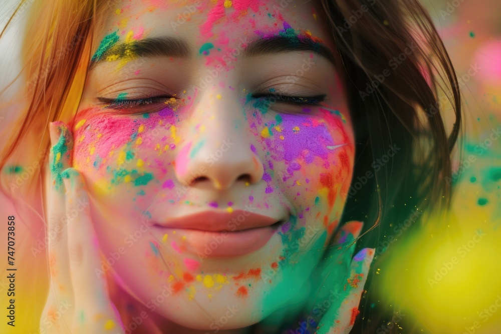 A woman with colorful paint on her face and smiling expression. Fictional Character Created By Generated By Generated AI.