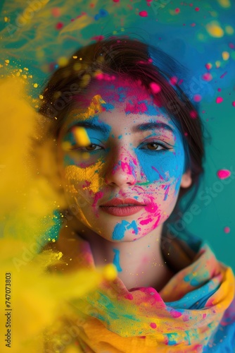 Colorful woman with paint splatters on her face. Fictional Character Created By Generated By Generated AI.