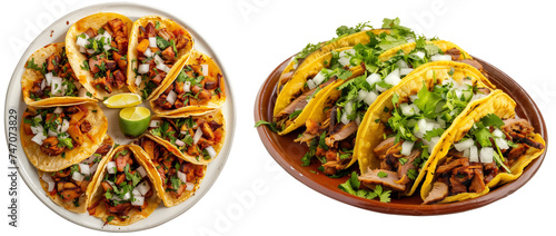 Mexican tacos al pastor bundle, side and top view, isolated on a white background