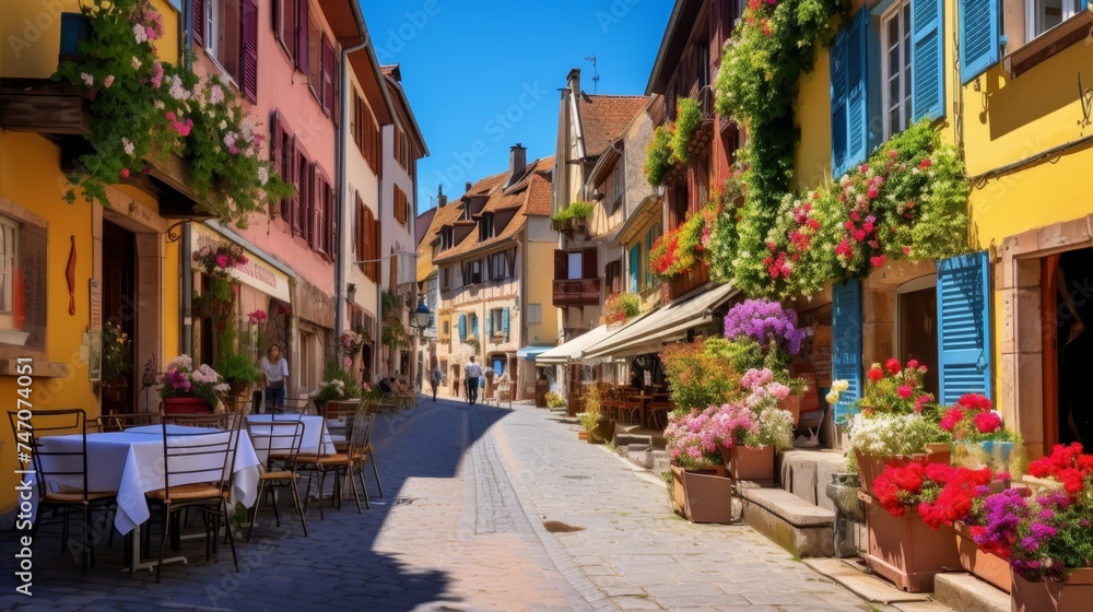 European village with cobblestone streets, half timbered buildings, and bustling sidewalk cafes