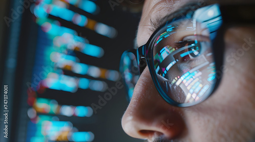 Focused developer coder looking at programming code data cyber security digital tech reflecting in spectacles developing software program, focus on eye close up