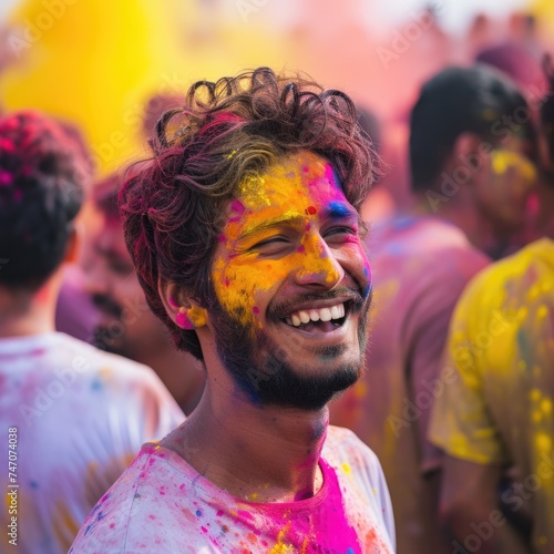 Colorful Festival - Indian Man with Paint Splattered Face. Fictional Character Created By Generated By Generated AI.