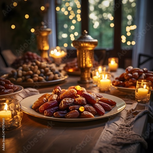 gold plate filled with dry dates placed on a wooden table