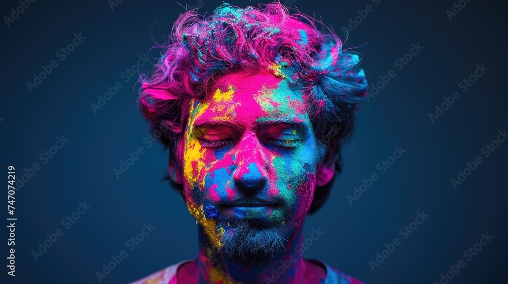 Colorful Paint Splatters on Man's Face. Fictional Character Created By Generated By Generated AI. Colorful Paint Splatters on Man's Face. Fictional Character Created By Generated By Generated AI.