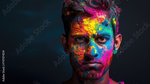 A young man with multicolored paint splattered on his face. Fictional Character Created By Generated By Generated AI.