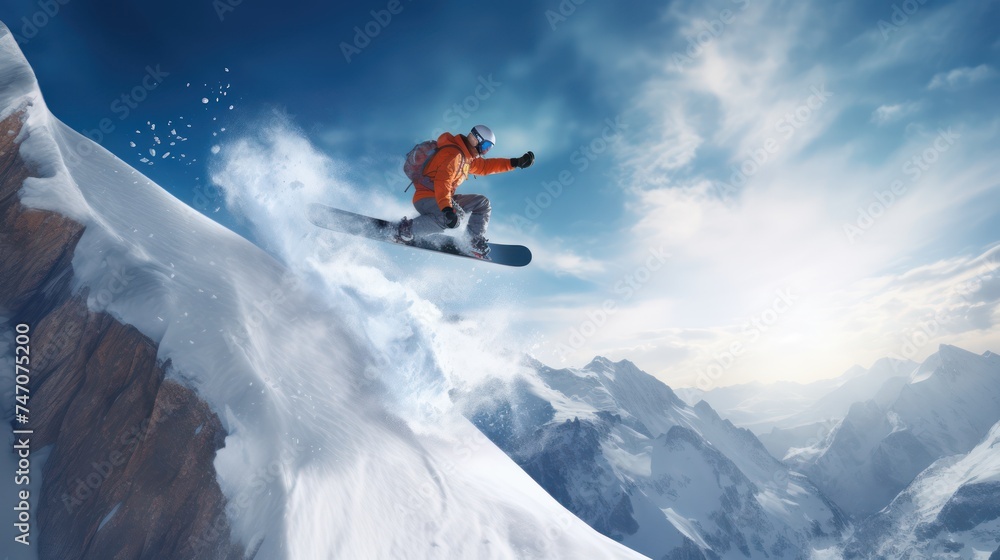 A Snowboarder launching off a jump. A winter sport on snow, ice and rock in the background, perfection.