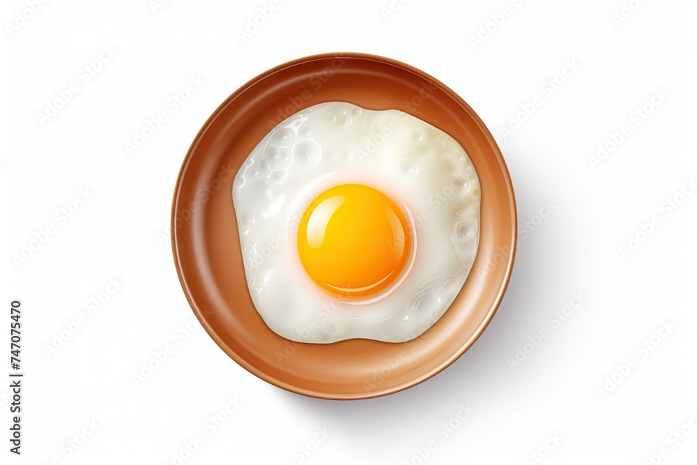 One Chicken Egg in a Small Pan Isolated, Lightly Fried Egg on White Background Top View, Flat Lay One Chicken Egg in a Small Pan Isolated, Lightly Fried Egg on White Background Top View, Flat Lay