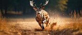 A fallow deer, scientifically known as Dama dama, is captured in a close-up shot as it runs energetically through a field filled with tall grass in the Czech Republic.