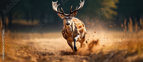 A fallow deer, scientifically known as Dama dama, is captured in a close-up shot as it runs energetically through a field filled with tall grass in the Czech Republic. photo
