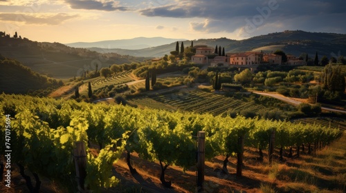 Idyllic tuscan vineyard bathed in sunlight surrounded by rolling hills and olive groves