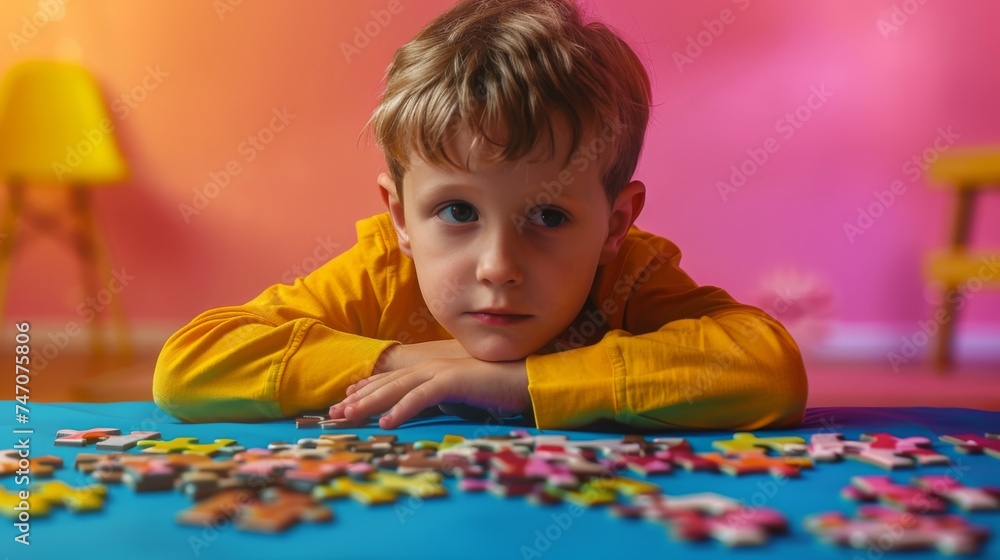 little boy doing a jigsaw puzzle Develop problem-solving intelligence, A child connects jigsaw puzzle pieces on a living room table. Kid assembling a jigsaw puzzle. Fun family leisure. little boy doing a jigsaw puzzle Develop problem-solving intelligence, A child connects jigsaw puzzle pieces on a living room table. Kid assembling a jigsaw puzzle. Fun family leisure.