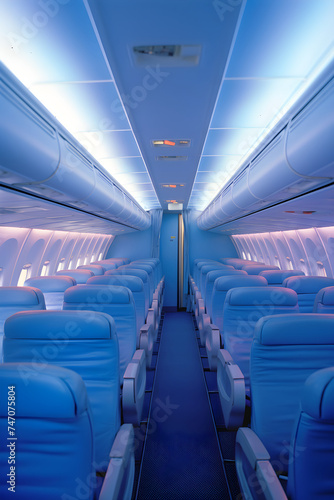 Serene Solitude: Longitudinal View of an Empty Commercial Airplane Cabin