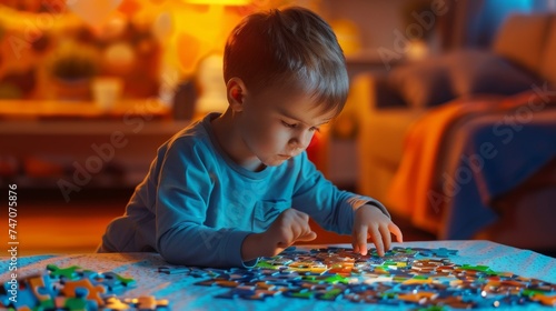 little boy doing a jigsaw puzzle Develop problem-solving intelligence, A child connects jigsaw puzzle pieces on a living room table. Kid assembling a jigsaw puzzle. Fun family leisure.