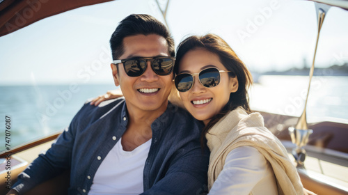Smiling young asian couple enjoying holiday sailboat ride in summer