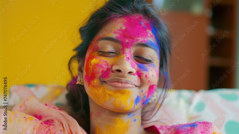 Colorful Face Paint - Smiling Woman. Fictional Character Created By Generated By Generated AI. Colorful Face Paint - Smiling Woman. Fictional Character Created By Generated By Generated AI.