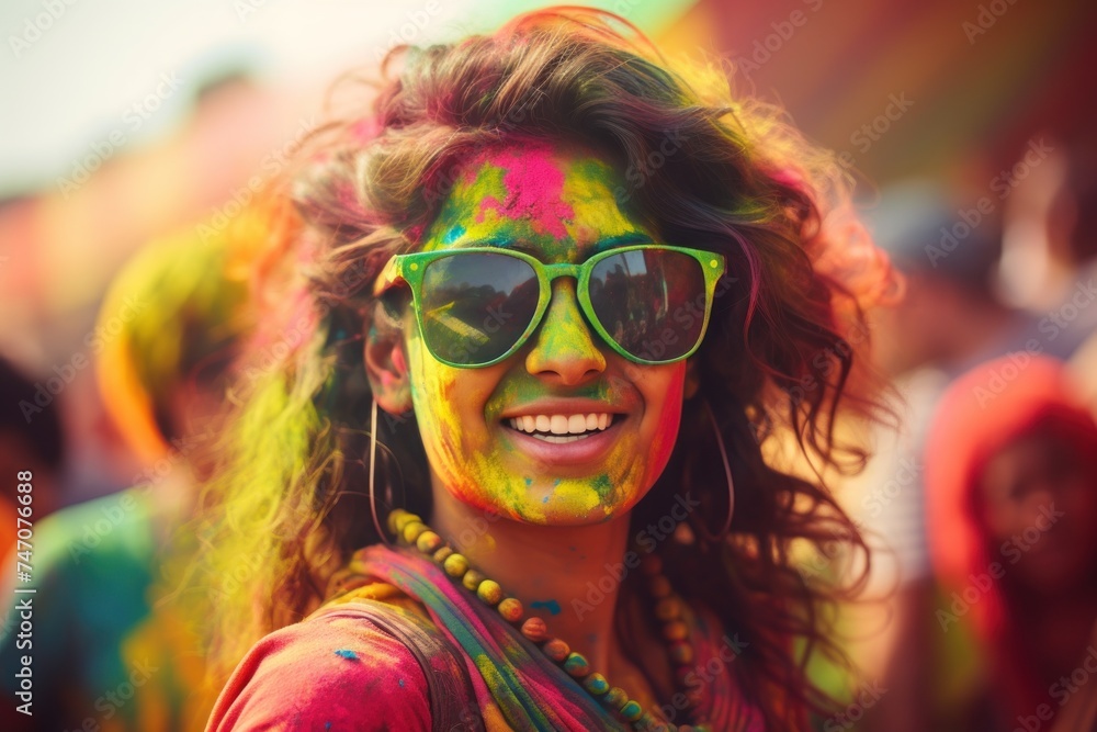 Woman with colorful Holi festival paint on face wearing sunglasses