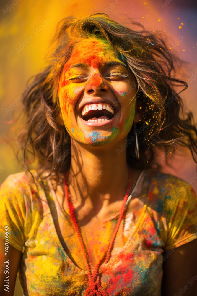 Woman laughing with colorful Holi powder in the air