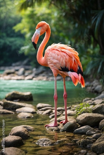 Pink flamingo standing on the rocks of a green pond in a lush tropical forest on a clear day.