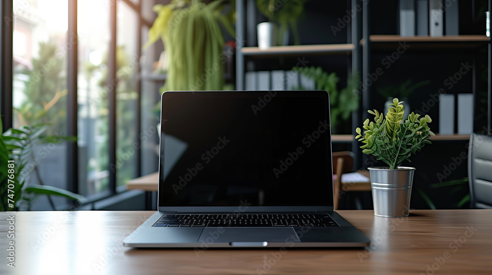 Explore the modern office concept with a sleek laptop on the desk featuring a blank black screen, offering a minimalist workspace. AI generative Explore the modern office concept with a sleek laptop on the desk featuring a blank black screen, offering a minimalist workspace. AI generative