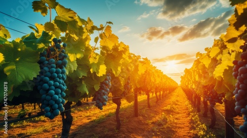 Picturesque sunlit vineyard with endless rows of grapevines, promising the rich flavors of fine wine