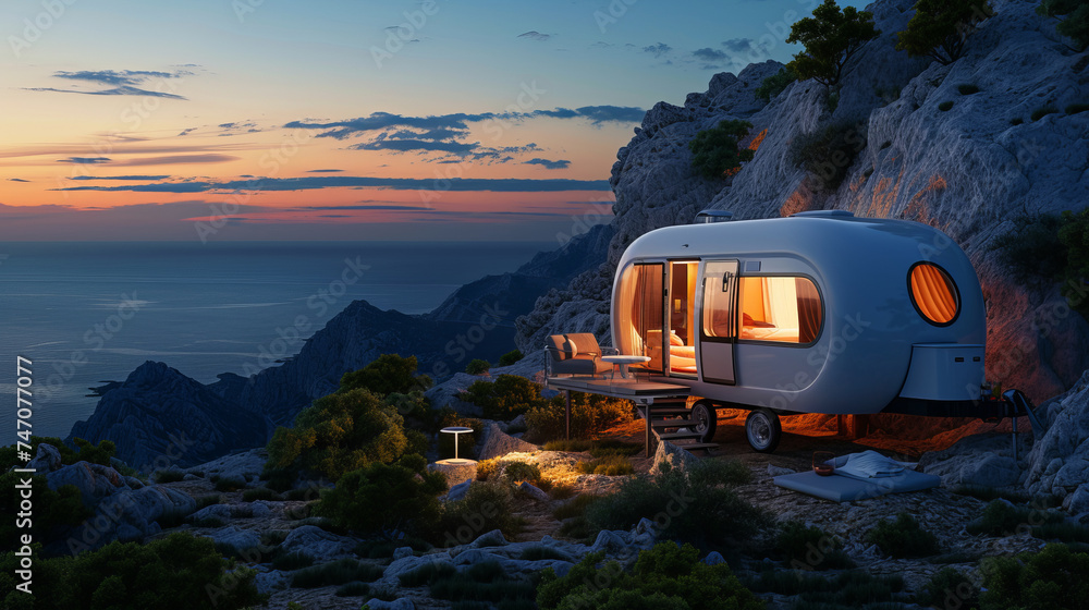 Embark on a luxurious caravaning adventure atop a mountain with sea views, capturing the essence of travel and exploration, a scene worthy of a National Geography Award winner. AI generative - obrazy, fototapety, plakaty 