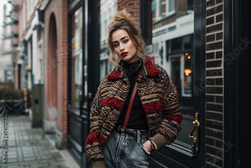 Stylish woman in trendy outfit posing on urban street.