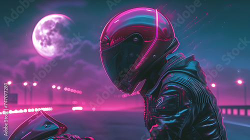 Step into the cyberpunk world with a retrowave-style image featuring a motorcycle, pink helmet, and neonwave city backdrop. AI generative photo