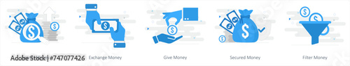 A set of 5 mix icons as search money, exchange money, give money