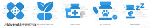 A set of 5 mix icons as bandage, ayurvedic medicine, medidation
