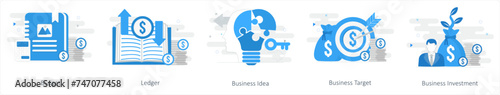 A set of 5 mix icons as budget, ledger, business idea