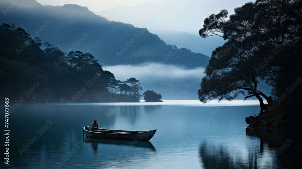 Mysterious lake at dawn with solitary boat silhouette drifting on glassy water surface