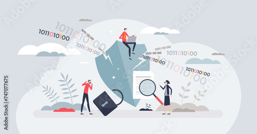 Data breach and information leakage after cyber attack tiny person concept. Hacking threat and privacy danger after connection vulnerability vector illustration. Confidential account danger and risk