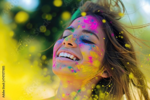 Woman with colorful face paint enjoying herself in the wind. Fictional Character Created By Generated By Generated AI.