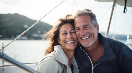 Smiling caucasian middle age couple enjoying leisure sailboat ride in summer