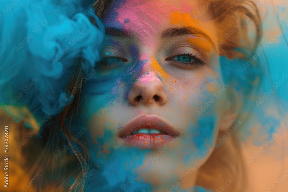 Artistic Portrait of a Young Woman with Paint on Her Face and Neck. Fictional Character Created By Generated By Generated AI.