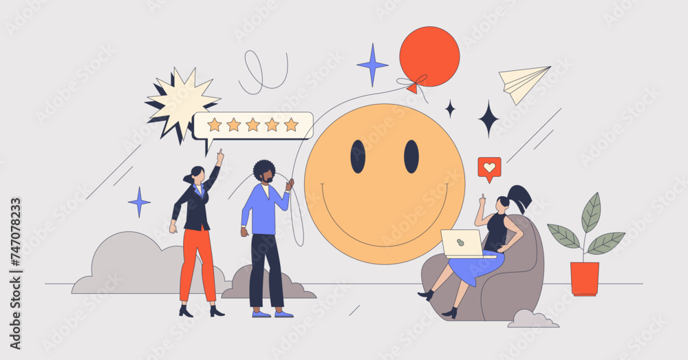 Employee satisfaction and staff loyalty survey retro tiny person concept. Job community feeling and emotional feedback about company and colleagues vector illustration. Human resources management.