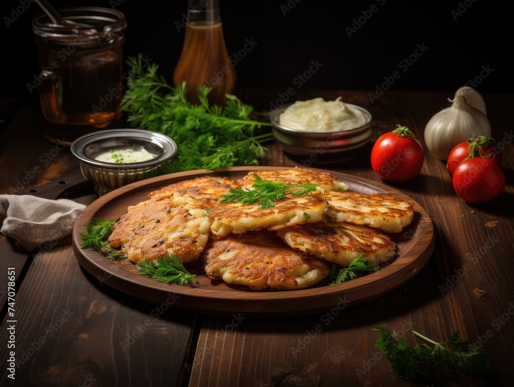 Potato Pancakes, Draniki, Deruny, Potato Latkes, Latkas, Raggmunk or Boxties on Dark Wood Rustic Potato Pancakes, Draniki, Deruny, Potato Latkes, Latkas, Raggmunk or Boxties on Dark Wood Rustic
