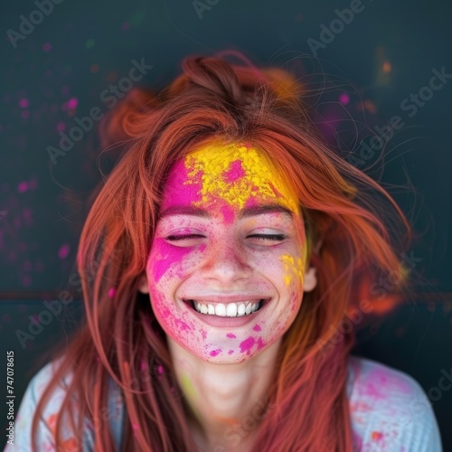 The title of the image is "The Colors of Happiness - Smiling woman with colored powder on her face.. Fictional Character Created By Generated By Generated AI.