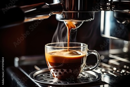 Preparing Espresso on Professional Coffee Machine in Coffeeshop Closeup, Pouring Strong Coffee