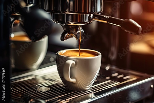 Preparing Espresso on Professional Coffee Machine in Coffeeshop Closeup  Pouring Strong Coffee
