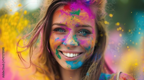 Colorful Smile - A joyful portrait of a woman with colorful makeup and hair, spreading happiness through her vibrant appearance.. Fictional Character Created By Generated By Generated AI.