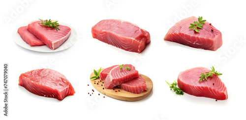 Raw tuna steak isolated, Red sea fish fillet, fresh tuna filet, seafood sashimi, bluefin piece, akami