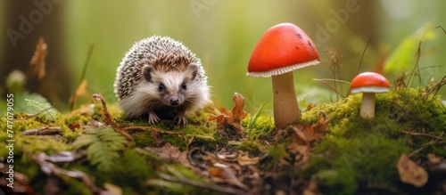A European hedgehog, scientifically known as Erinaceus Europaeus, is walking through a forest in autumn. The hedgehog is surrounded by red Fly Agaric toadstools and green moss, looking ahead.