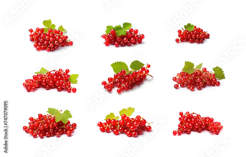 Red currant bunch isolated, Redcurrant pile, ripe red currant berries group on white background