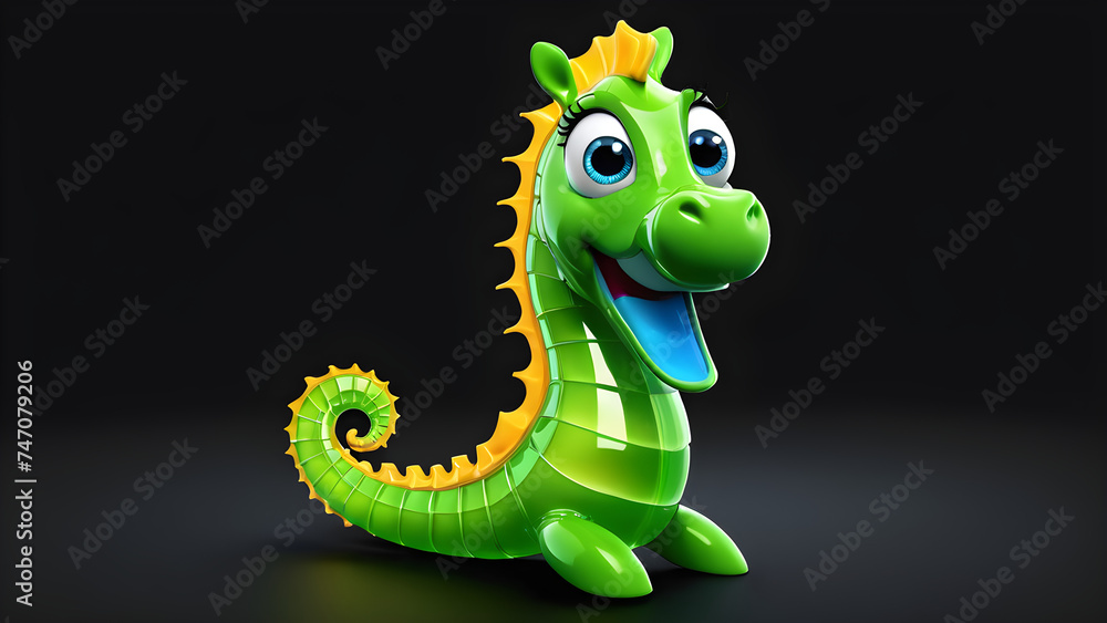 Φωτογραφία A cheerful cartoon sea horse with a comically happy face, is depicted against a sleek black background